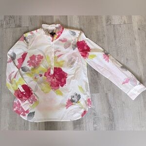 Talbots Women Floral Tunic w/Ruffle Band Collar and Roll Up Sleeves Small Petite